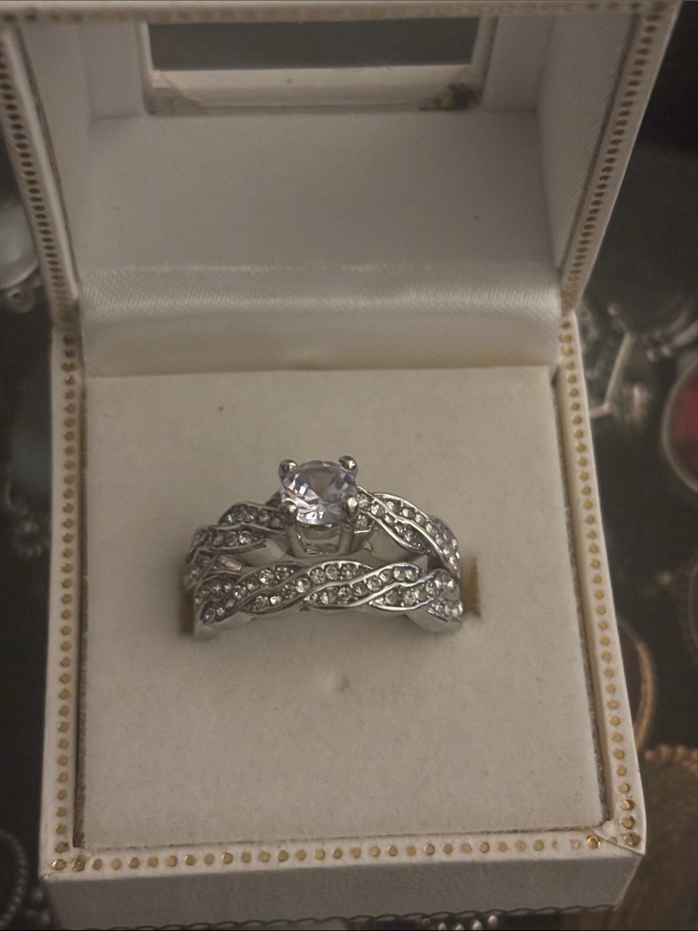 Silver-Tone Crystal Bridal Ring Set - Sparkling White Stone Size 8